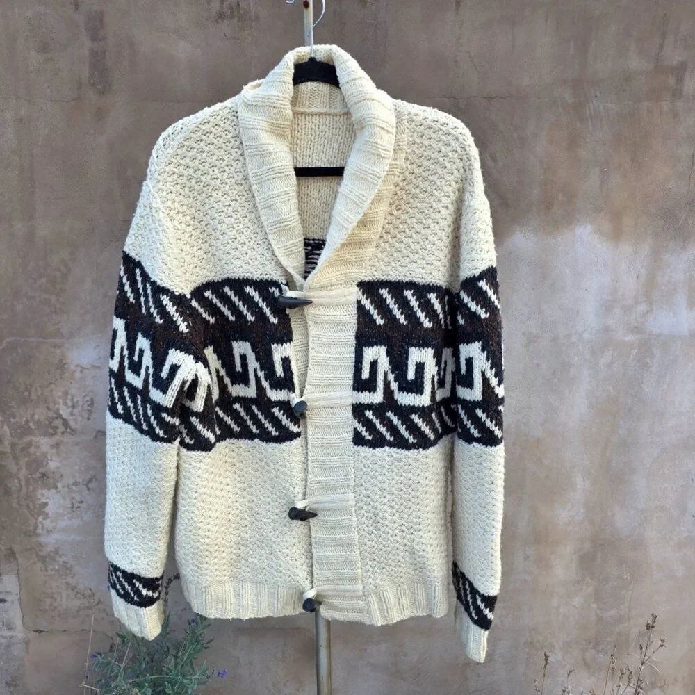 Vince cowl neck fisherman cardigan with indigenous design